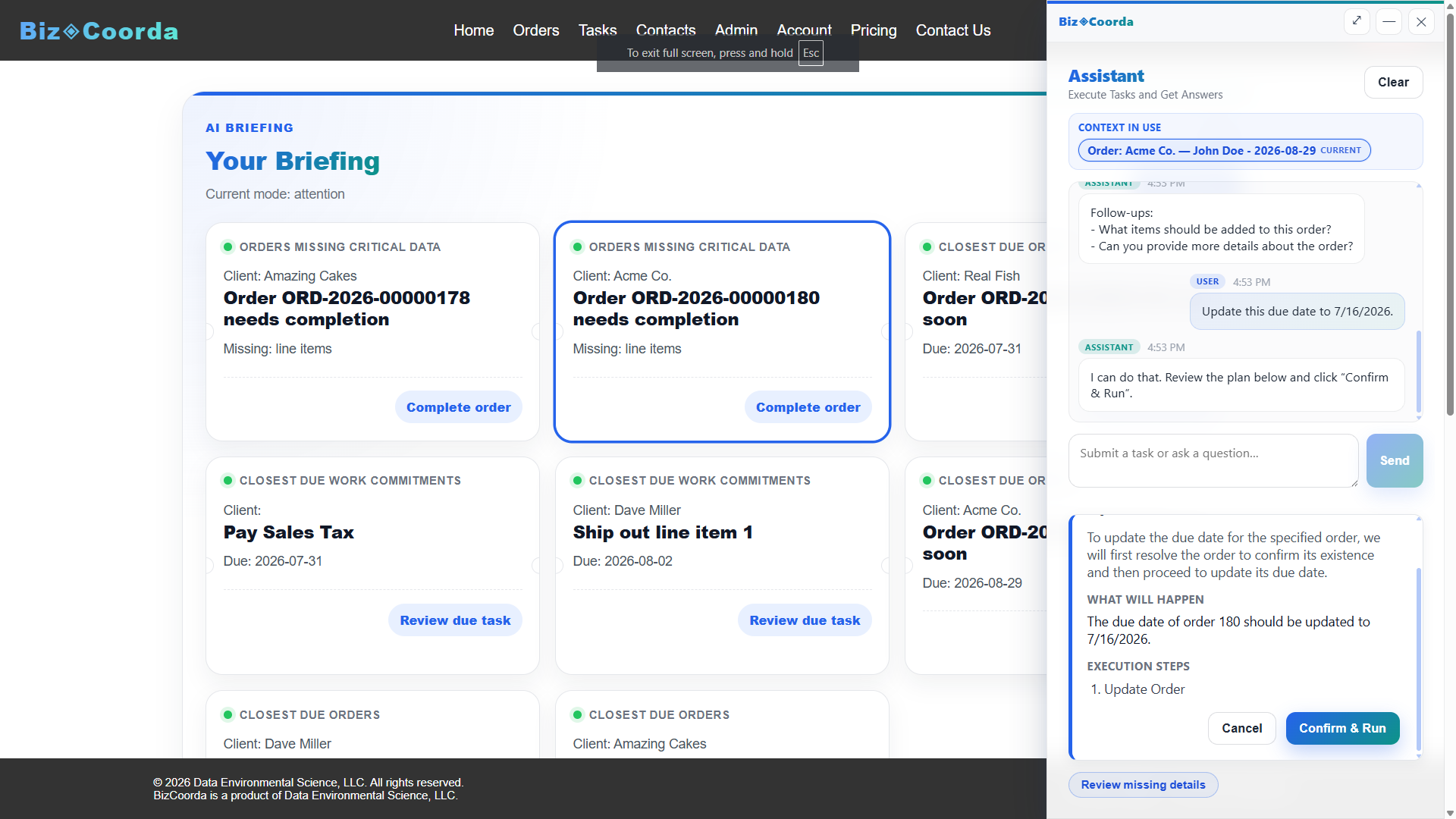 BizCoorda business operations dashboard showing orders, follow-ups, and work tracking.